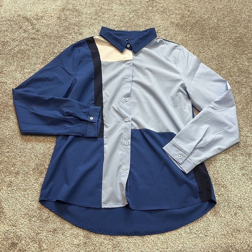 Unbranded Button Up Blouse Shirt Womens Large * Blue Colorblock Long Sleeve Top